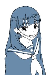  1girl blue_theme earrings gouda_hiroaki highres jewelry long_hair looking_at_viewer maibara_himeka mask_pull monochrome neckerchief sayonara_lara school_uniform serafuku simple_background sketch smile solo upper_body white_background 