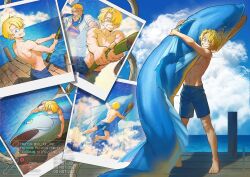  2boys artist_name blue_sky clouds curly_eyebrows day facial_hair fatherly fish goatee hair_over_one_eye happy highres male_focus multiple_boys mustache_stubble ocean one_piece outdoors red-leg_zeff sanji_(one_piece) signature sky smile stubble twitter_username xx_xx_art 
