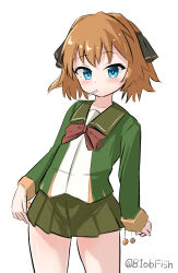  1girl aqua_eyes black_bow black_bowtie bow bowtie brown_hair candy cowboy_shot food food_in_mouth green_jacket green_sailor_collar green_skirt hachijou_(kancolle) hair_bobbles hair_ornament highres jacket kantai_collection lollipop lollipop_in_mouth mouth_hold nyuudou_kajika one-hour_drawing_challenge pleated_skirt sailor_collar shirt short_hair simple_background skirt solo standing twitter_username white_background white_shirt 