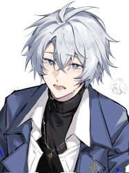  1boy antenna_hair artist_name black_sweater blue_eyes blue_jacket blush cici6770 collared_shirt crossed_bangs crying crying_with_eyes_open gold_necklace grey_hair hair_between_eyes highres honkai:_star_rail honkai_(series) jacket jewelry lapels long_sleeves looking_at_viewer male_focus necklace official_alternate_costume open_clothes open_jacket open_mouth open_shirt phainon_(express_travel)_(honkai:_star_rail) phainon_(honkai:_star_rail) sad shirt short_hair simple_background solo sweater tears teeth tongue turtleneck turtleneck_sweater upper_body white_background white_shirt yellow_pupils 