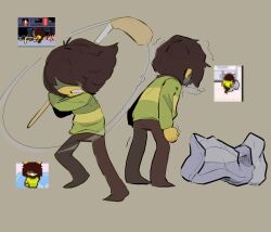  1other absurdres angry brown_hair brown_pants clenched_hand colored_skin deltarune green_sweater highres holding_hockey_stick kris_(deltarune) multiple_views pants reference_inset sez_sez simple_background single_horizontal_stripe spoilers sweater trash_can utdr_(toby_fox) yellow_skin 