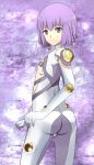  ar_tonelico_iii ass bodysuit braid flat_chest from_behind gust hair_ornament looking_back nes_(sigma) purple_eyes purple_hair short_hair skin_tight smile solo tilia twin_braids violet_eyes 