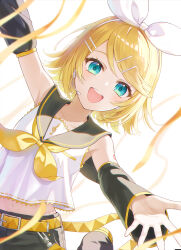  1girl absurdres aqua_eyes azaka_(pipponao) belt black_sailor_collar black_shorts black_sleeves blonde_hair bow breasts commentary detached_sleeves hair_bow hair_ornament hairclip headphones headset highres kagamine_rin leg_warmers looking_at_viewer midriff navel neckerchief number_tattoo open_mouth outstretched_arms parallel_hairclips sailor_collar shirt short_hair shorts simple_background sleeveless sleeveless_shirt small_breasts tattoo teeth treble_clef upper_teeth_only vocaloid white_background white_bow white_shirt yellow_belt yellow_neckerchief yellow_trim 