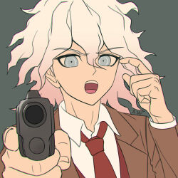  1boy arthasw danganronpa_(series) danganronpa_3_(anime) grey_hair gun hair_between_eyes jacket komaeda_nagito long_sleeves male_focus medium_hair messy_hair necktie open_clothes open_mouth red_necktie shirt teeth upper_teeth_only weapon white_shirt 