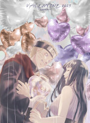  1boy 1girl 2023 absurdres balloon bandaged_hand bandages black_hair black_jacket blonde_hair blue_eyes blunt_bangs box breasts commentary dutch_angle facial_mark forehead_protector from_below gift grin headband heart-shaped_box heart_balloon hetero highres holding holding_gift holding_jar hyuuga_hinata jacket jar large_breasts long_hair nanimook_kore naruto:_the_last naruto_(series) origami red_scarf scarf signature smile uzumaki_naruto valentine whisker_markings 