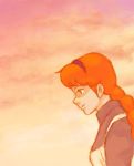  anne_of_green_gables anne_shirley apron bow braid brown_hair green_eyes hair_bow hairband long_hair orange_hair oyasumi pink profile red_sky sky smile 