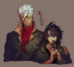  2boys ahoge black_hair blue_eyes bruise_on_hand collared_jacket cropped_torso curly_hair gun gundam gundam_tekketsu_no_orphans hand_on_another's_shoulder highres holding holding_gun holding_weapon jacket male_focus mikazuki_augus multiple_boys orga_itsuka pigeon666 sanpaku short_hair sideways_glance smirk spot_color unfinished upper_body weapon weapon_in_front_of_face 