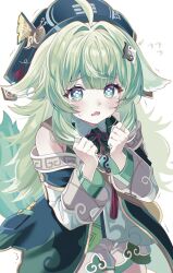  1girl ahoge animal_ears bare_shoulders dianzi fiery_tail fire fox_ears fox_girl geumxxi green_eyes green_hair hair_ornament hat highres honkai:_star_rail honkai_(series) huohuo_(honkai:_star_rail) lappet long_hair long_sleeves looking_at_viewer paw-shaped_pupils shirt shorts symbol-shaped_pupils tail tears yin_yang yin_yang_hair_ornament zhuang_hat 