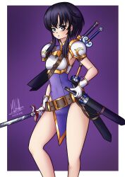  absurdres armor bare_legs belt black_hair breastplate earrings fire_emblem fire_emblem:_genealogy_of_the_holy_war gloves gradient_background highres holding holding_sword holding_weapon jewelry larcei_(fire_emblem) looking_at_viewer purple_tunic sheath sheathed short_hair shoulder_armor sidelocks sleeveless solo standing sword sword_on_back tomboy tunic user_gjsu8223 weapon weapon_on_back 