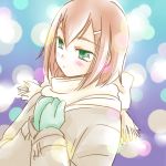  blush brown_hair green_eyes hair_ornament hairclip highres kinoshita_hideyoshi musukichi scarf short_hair trap 