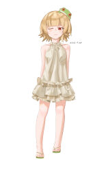  1girl absurdres arm_behind_back bare_shoulders blonde_hair closed_mouth commentary dress ewg7k3eutb99502 fang frog_hat highres kiss-shot_acerola-orion_heart-under-blade monogatari_(series) one_eye_closed oshino_shinobu red_eyes sandals short_hair simple_background vampire white_background white_dress 