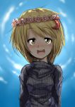  1girl alternate_costume blonde_hair blush bust contemporary crescent crescent_moon face harusame_(unmei_no_ikasumi) head_wreath highres looking_up lunasa_prismriver open_mouth short_hair smile solo sweater touhou turtleneck yellow_eyes 