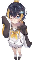  1girl :3 ;3 black_hair blonde_hair blush commentary fish_hair_ornament folded_ponytail foreshortening full_body hair_between_eyes hair_ornament highres hood hoodie li4te_r looking_at_viewer loose_socks multicolored_hair neckerchief nijisanji nijisanji_en one_eye_closed petra_gurin petra_gurin_(1st_costume) short_hair simple_background sleeves_past_fingers sleeves_past_wrists socks solo streaked_hair virtual_youtuber white_background yellow_neckerchief 