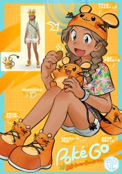  1girl absurdres arrow_(symbol) beanie bracelet brown_hair dedenne elizabeth_(tomas21) happy hat highres holding jewelry light_blush long_hair looking_down orange_hat orange_shoes pokemon pokemon_(creature) pokemon_go shirt shoes short_sleeves shorts sitting sparkle translation_request 