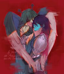  1girl 1other angel_wings animal_ears antlers armor black_eyes black_hair blonde_hair commentary deer_antlers deer_ears deer_girl deltarune english_commentary furry furry_female grabbing_another's_face head_grab highres horns juwugo kris_(dark_world)_(deltarune) kris_(deltarune) medium_hair noelle_holiday noelle_holiday_(dark_world) red_background red_eyes red_pupils signature utdr_(toby_fox) white_wings wings 