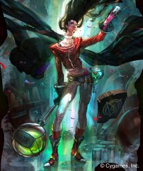  1boy arm_up belt black_belt black_cape black_gloves black_hair black_sclera boots cape colored_sclera company_name copyright_notice cygames father_of_medicine floating_cape floating_hair full_body gloves highres holding holding_staff holding_vial jacket long_hair looking_up male_focus official_art pants potion red_boots red_jacket runes shadowverse shingeki_no_bahamut shirt solo staff standing table turtleneck turtleneck_shirt vial white_pants white_shirt xui_ton yellow_eyes 