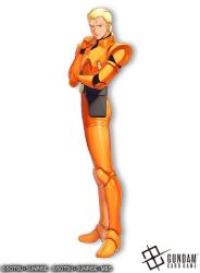  1boy blonde_hair bodysuit char's_counterattack char_aznable closed_mouth commentary_request copyright_logo copyright_name copyright_notice gloves gundam gundam_card_game highres logo looking_at_viewer malo_(mlpmpmp) mecha_pilot_suit neo_zeon normal_suit_(gundam) official_art orange_bodysuit orange_gloves short_hair smile solo spacesuit white_background 