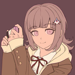  1girl arthasw breasts brown_hair brown_jacket collared_shirt danganronpa_(series) danganronpa_3_(anime) flipped_hair hair_ornament handheld_game_console holding holding_handheld_game_console hood hope's_peak_academy_school_uniform jacket long_sleeves looking_at_viewer medium_hair nanami_chiaki neck_ribbon open_clothes open_jacket pink_eyes pink_ribbon ribbon school_uniform shirt smile solo white_shirt 