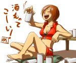  blush breasts can drunk junji laughing meiko sake simple_background sitting skirt solo translated vocaloid 