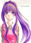  clannad fujibayashi_kyou hisato_nozomi kindergarten_teacher long_hair ponytail purple_eyes purple_hair traditional_media violet_eyes 