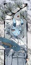  1girl grin japanese_clothes kimono oni oni_horns short_hair soukaku_(zenless_zone_zero) zenless_zone_zero 