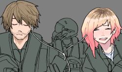  1girl 2boys ace_combat ace_combat_8 blonde_hair character_request closed_mouth flight_suit gradient_hair headphones heartbreak_juan helmet holding holding_phone listening_to_music looking_to_the_side medium_hair multicolored_hair multiple_boys open_mouth phone pilot pilot_helmet pink_hair simple_background smile sweat tasha_(ace_combat) upper_body 