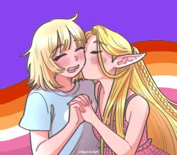  2girls abbyslullaby blonde_hair blue_shirt blush chromatic_aberration closed_eyes commentary dress dungeon_meshi elf english_commentary falin_touden falin_touden_(tallman) highres holding_hands interlocked_fingers kiss kissing_cheek lesbian_flag long_hair marcille_donato medium_hair multiple_girls pink_dress pointy_ears polka_dot polka_dot_dress purple_background shirt yuri 