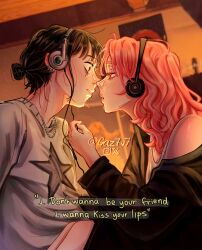  2girls absurdres artist_name black_eyes black_hair black_shirt commentary english_commentary english_text gaz7v7 grey_sweater headphones highres instagram_logo kininatteru_hito_ga_otoko_ja_nakatta koga_mitsuki lyrics multiple_girls oosawa_aya parted_lips pink_eyes pink_hair shirt star_(symbol) star_print sweater twitter_x_logo yuri 