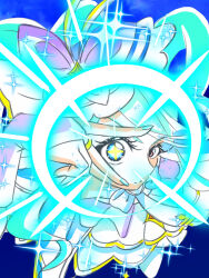  aqua_capelet august_15th boater_hat capelet cure_eclair frilled_tube_top frills gloves hat highres howa_kurea impossible_hair magical_girl meitantei_precure! nail_polish precure strapless tube_top twinkle_time 