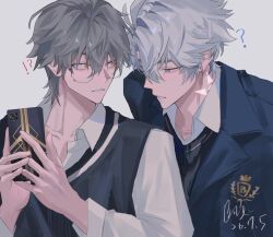 !? 2boys ? antenna_hair baba1682682 black-framed_eyewear black_sweater_vest blue_eyes blush caelus_(honkai:_star_rail) cellphone collarbone collared_shirt crown_print dated emblem fingernails glasses grey_hair hair_between_eyes half-closed_eyes hands_up highres holding holding_phone honkai:_star_rail honkai_(series) implied_yaoi jacket lapels looking_at_another male_focus multiple_boys neck_tattoo open_clothes open_jacket phainon_(honkai:_star_rail) phone round_eyewear school_uniform shirt short_hair signature simple_background smartphone sun_symbol sun_tattoo sweatdrop sweater_vest tattoo teeth trailblazer_(honkai:_star_rail) upper_body white_background white_hair white_shirt wide-eyed yellow_eyes 
