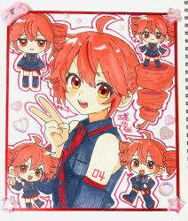  1girl :d ahoge bare_shoulders black_boots black_shirt black_skirt black_sleeves boots breast_pocket buttons chibi chibi_inset collared_shirt detached_sleeves dot_nose double-parted_bangs drill_hair hair_between_eyes hand_up hands_on_own_hips heart highres kasane_teto kasane_teto_(utau) komori_kamome looking_at_viewer multiple_views number_tattoo open_mouth outline pleated_skirt pocket red_eyes red_hair red_outline shirt shoulder_tattoo sidelocks skirt sleeveless sleeveless_shirt smile star_(symbol) tattoo teeth thigh_boots traditional_media twin_drills upper_teeth_only utau v wing_collar zettai_ryouiki 