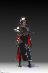  1girl bieru01 black_boots black_dress black_gloves black_veil boots brown_eyes bullpup closed_mouth dress full_body gloves gun highres long_hair mask nun orange_hair original smile solo suppressor veil vhs-d2 weapon 