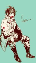  1boy ahoge aqua_background black_hair blood blood_on_clothes blood_on_face collared_jacket curly_hair gundam gundam_tekketsu_no_orphans highres jacket looking_ahead male_focus mikazuki_augus pigeon666 sanpaku short_hair sitting skinny solo 