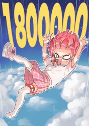  1girl alternate_breast_size_(smaller) atmospheric_reentry bandaid bandaid_on_leg breasts clouds commentary_request falling full_body hair_ornament hairclip highres hololive izumida_fuyuki milestone_celebration miniskirt motion_lines neck_ribbon o_o pink_hair pink_skirt plaid_clothes plaid_skirt ribbon sakura_miko shoes single_shoe skirt small_breasts solo speed_lines thigh-highs virtual_youtuber white_shoes white_thighhighs zettai_ryouiki 