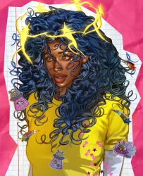  1girl absurdres black_eyeliner blue_hair commentary dark-skinned_female dark_skin eyelashes eyeliner flying_saucer highres k_pppaa long_hair looking_ahead makeup open_mouth original pink_background shirt spacecraft upper_body yellow_shirt 