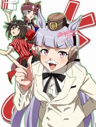  3girls animal_ears apron black_bow black_hair black_pants blunt_bangs blush bow breasts brown_eyes brown_hair collared_shirt colonel_sanders colonel_sanders_(cosplay) cosplay ear_bow ear_covers employee_uniform facial_hair fast_food_uniform gold_ship_(umamusume) grey_hair hair_between_eyes hat highres horse_ears horse_girl horse_tail jacket kfc leaning_forward long_hair long_sleeves looking_at_viewer lucky_lilac_(umamusume) multicolored_hair multiple_girls mustache nk-43g open_mouth pants pillbox_hat red_apron red_shirt red_vest shirt short_sleeves side_ponytail smile stay_gold_(umamusume) streaked_hair tail umamusume vest violet_eyes white_hair white_jacket white_pants white_shirt 