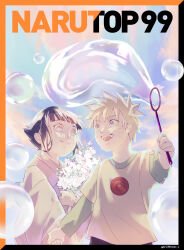  1boy 1girl absurdres aged_down black_hair blonde_hair blue_eyes blunt_bangs bubble bubble_wand child commentary english_commentary facial_mark flower hand_grab highres holding holding_flower hyuuga_hinata japanese_clothes kimono layered_sleeves long_sleeves nanimook_kore naruto_(classic) naruto_(series) open_mouth purple_kimono short_hair short_over_long_sleeves short_sleeves signature smile spiky_hair uzumaki_naruto violet_eyes whisker_markings 
