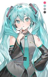  1girl aqua_eyes aqua_hair aqua_nails aqua_necktie aqua_trim bare_shoulders black_skirt black_sleeves blue_eyes blue_hair blue_trim blush breasts collared_shirt color_guide commentary detached_sleeves grey_shirt hair_between_eyes hair_ornament hand_up hatsune_miku headset highres long_hair looking_at_viewer makka_potato medium_breasts necktie number_tattoo parted_lips shirt simple_background skirt sleeveless sleeveless_shirt solo standing tattoo twintails untranslatable_commentary upper_body very_long_hair vocaloid white_background 