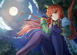  1girl animal_ears black_gloves black_pantyhose blunt_bangs blush bow closed_mouth ear_covers gloves green_eyes green_sailor_collar green_sleeves hairband hime_cut horse_ears horse_girl horse_tail long_hair long_sleeves night orange_hair orange_tail outdoors pantyhose pleated_skirt sailor_collar silence_suzuka_(innocent_silence)_(umamusume) silence_suzuka_(umamusume) sitting skirt sky smile solo tail tree umamusume white_hairband white_skirt yumibakama_meme 