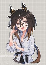  1girl adjusting_eyewear animal_ears black_hair black_pants brown_eyes brown_hair collared_shirt ear_covers gb_cestus glasses hair_between_eyes highres horse_ears horse_girl long_hair long_sleeves multicolored_hair open_mouth pants shirt smile solo stay_gold_(sunlit_outsider)_(umamusume) stay_gold_(umamusume) umamusume white_hair white_shirt 