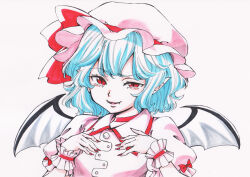  1girl bat_wings blue_hair bow choker closed_mouth collared_shirt commentary_request fangs fangs_out frilled_wrist_cuffs frills hat hat_bow looking_at_viewer medium_hair mob_cap pink_background pink_hat pink_shirt pointy_ears red_bow red_choker red_eyes red_nails red_wrist_cuffs remilia_scarlet s590220 shirt simple_background sleeve_bow smile smug solo touhou upper_body wings wrist_cuffs 