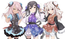  3girls absurdres akaneko016 black_dress black_hair black_sleeves black_thighhighs blue_skirt blue_sleeves blush breasts brown_eyes bun_cover chloe_von_einzbern dark-skinned_female dark_skin double_bun dress fate/kaleid_liner_prisma_illya fate_(series) floral_print hair_bun hair_ornament hair_ribbon hairclip highres illyasviel_von_einzbern layered_skirt long_hair long_sleeves looking_at_viewer miyu_edelfelt multiple_girls open_mouth orange_eyes pink_hair puffy_short_sleeves puffy_sleeves purple_dress red_dress red_eyes ribbon short_sleeves shorts sidelocks skirt sleeves_past_fingers sleeves_past_wrists small_breasts smile thigh-highs thighs twintails white_hair white_shorts white_sleeves 