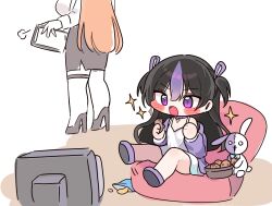  2girls aged_down bag_of_chips bean_bag_chair black_hair black_skirt blonde_hair blush bowl chibi chips_(food) clipboard collar commentary_request cookie dress earrings food goddess_of_victory:_nikke hair_ribbon high_heels highres holding holding_clipboard holding_cookie holding_food jacket jewelry korean_commentary long_hair long_sleeves maxwell_(nikke) maxwell_(ordinary_mechanic)_(chief_researcher)_(nikke) mming_(mmingis18) mole mole_under_eye multicolored_hair multiple_girls official_alternate_costume open_mouth potato_chips purple_hair purple_jacket ribbon shirt shoes single_earring sitting skirt spaghetti_strap sparkle streaked_hair stuffed_animal stuffed_rabbit stuffed_toy syuen_(nikke) television thigh_strap two_side_up violet_eyes white_dress white_shirt 