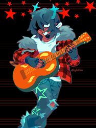  1girl acoustic_guitar animal_ear_piercing animal_ears antlers black_background blue_horns commentary december_holiday deer_antlers deer_ears deer_girl deltarune denim design_speculation english_commentary feet_out_of_frame fingerless_gloves flannel fur-trimmed_jacket fur_trim furry furry_female gloves grunge_(fashion) guitar highres holding holding_guitar holding_instrument horns instrument jacket jeans kylstinee looking_at_viewer open_clothes open_jacket outline pants partially_shaded_face playing_guitar playing_instrument red_nose red_outline short_hair signature solo standing star_(symbol) torn_clothes torn_jeans torn_pants utdr_(toby_fox) white_freckles 