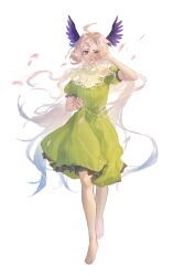  1girl 703072xu ahoge barefoot blonde_hair chinese_commentary dress enna_alouette falling_petals green_dress head_wings highres long_hair looking_at_viewer nijisanji nijisanji_en petals simple_background solo very_long_hair violet_eyes virtual_youtuber white_background wings 