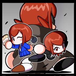  1girl black_border black_pants black_shirt black_shoes blazer blue_jacket blue_skirt bomb border brown_coat brown_eyes brown_hair brown_shoes coat commentary_request drilljapan explosive highres holding jacket jikkyou_powerful_pro_yakyuu jikkyou_powerful_pro_yakyuu_(style) multicolored_shoes multiple_views neck_ribbon no_mouth one_eye_closed open_clothes open_jacket pants pleated_skirt power_pro-kun_pocket power_pro-kun_pocket_1 power_pro-kun_pocket_3 rayman_limbs red_ribbon red_scarf ribbon sanpaku scarf school_uniform shirt shoes short_hair skirt smile sunglasses white_shirt white_shoes yomichi_satomi 