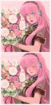  blue_eyes bouquet flower headphones headset highres long_hair megurine_luka pink_hair tears vocaloid 