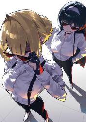  2girls alternate_costume astra_yao black_gloves black_hair black_pants blonde_hair breasts button_gap commentary evelyn_chevalier from_above gloves hair_up hands_on_own_hips high_heels highres large_breasts long_hair looking_over_eyewear multiple_girls pants shirt smirk suspenders tora_(kumo_sakamoto) violet_eyes white_shirt zenless_zone_zero 