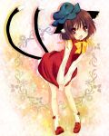  ayase_non brown_hair cat_ears cat_tail chen earrings flat_chest hat jewelry multiple_tails red_eyes short_hair tail touhou 