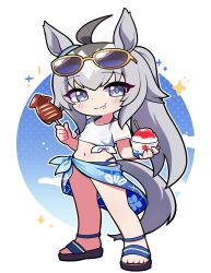  1girl absurdres animal_ears bikini bikini_under_clothes blue_bikini border commentary_request deformed eating eyewear_on_head food from_side full_body grey_eyes grey_hair halftone halftone_background highres horse_ears horse_girl horse_tail ikayaki jorang_(jorang08) korean_commentary looking_at_viewer oguri_cap_(umamusume) ponytail round_border sandals shaved_ice solo standing sunglasses swimsuit tail towel towel_around_waist umamusume white_background 